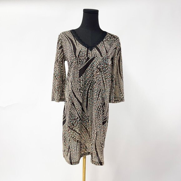 BROWN MESH PRINTED FLORAL DRESS SIZE MEDIUM - Picture 2 of 6